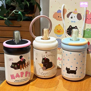 แก้วน้ำสแตนเลส 500ml เก็บร้อนเย็นหลายชั่วโมง Food Grade ลายแมวน่ารัก ฝามีหลอด ฐานกันลื่น ใช้เป็นแก้วเก็บความเย็น