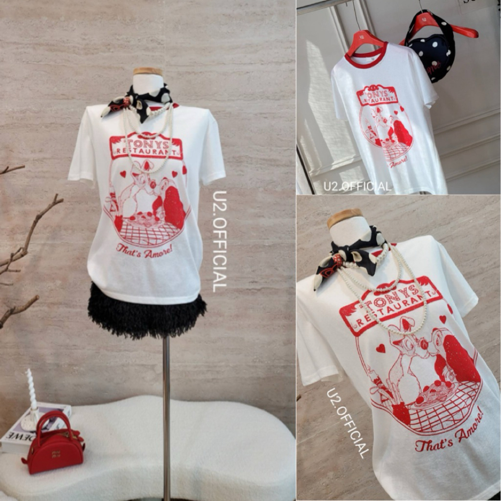 𝐔𝟐✨พร้อมส่ง🫧❣️เสื้อยืดคอกลมลาย Lady and the Trampป้าย🪧U2