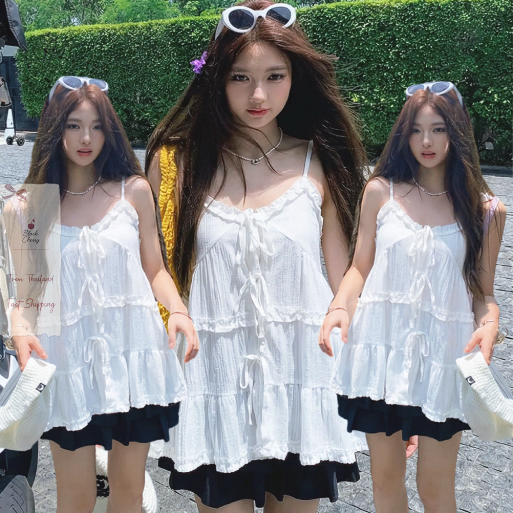 เสื้อสายเดี่ยว สายเดี่ยวเกาหลี ใส่เป็นเลเยอร์ตัวนอกน่ารักสุดๆ ผ้านุ่มฟู แบบอกถึง 38นิ้ว|Black Cherry