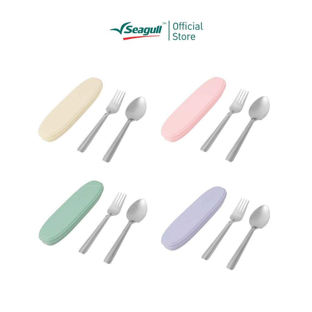 Seagull ชุดช้อนส้อมพร้อมกล่องพลาสติก ข้าวไทย Portable Cutlery Set Khao-Thai มี4สีให้เลือก
