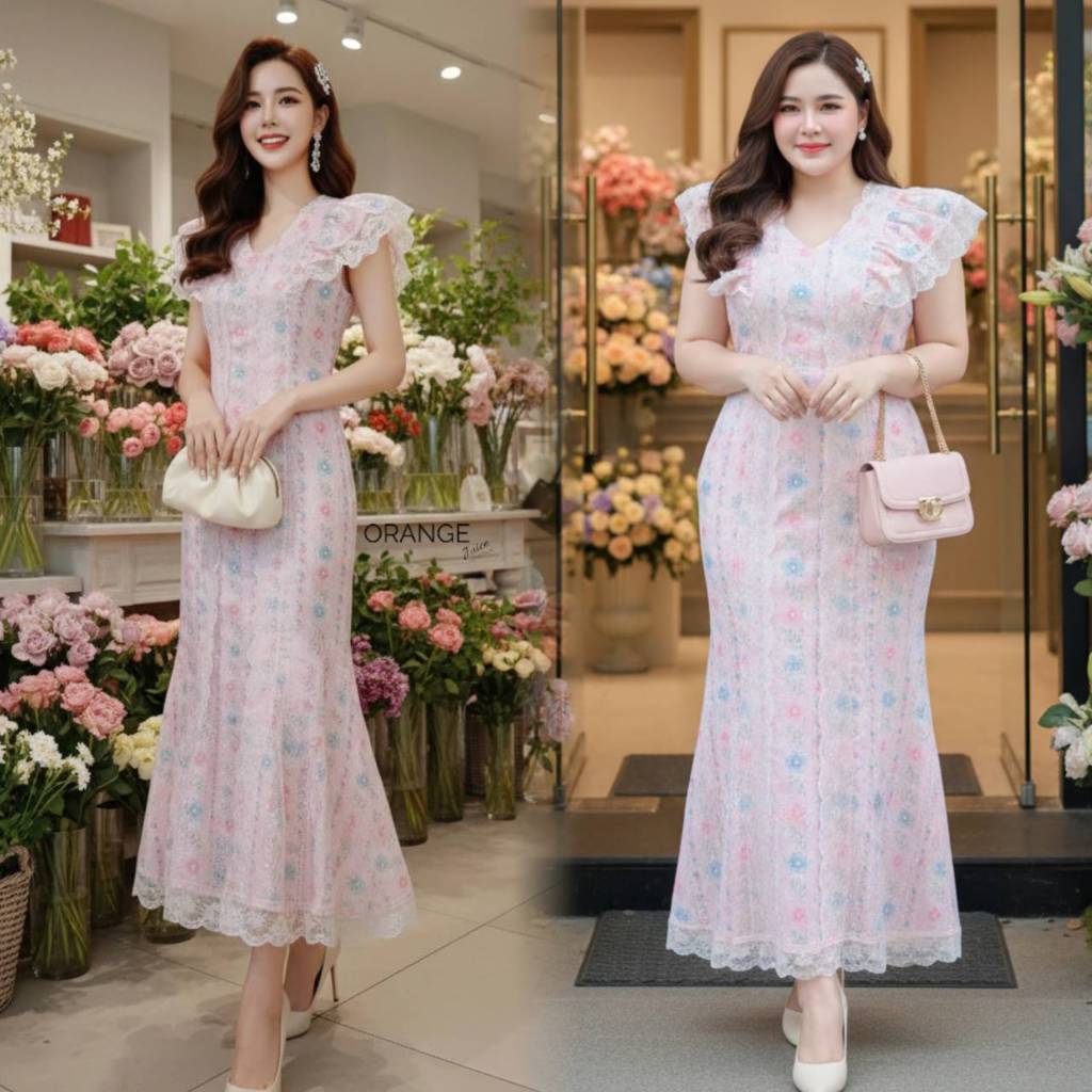 OR21953 เดรสยาวทรงหางปลา ผ้าฝ้ายพิมพ์ลาย ตกแต่งลูกไม้ระบาย