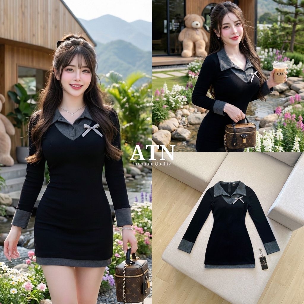 ATN เดรสสีดำแขนยาวคอปก