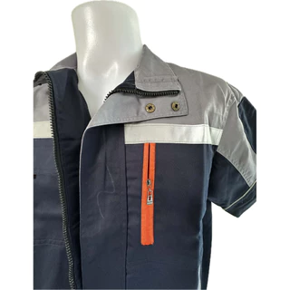 (พร้อมส่ง)เสื้อช็อปแขนสั้นมีแถบสะท้อนแสงรุ่นซิปหน้าเนื้อผ้าโพลีเอสเตอร์ผสมฝ้ายใส่สบายสามารถติดกระดุมได้ถึงใต้คาง (S-6XL)