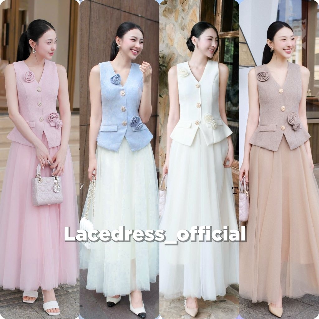 The gallery ครีม ชมพู  ฟ้า แดง พร้อมส่ง /ชุดเซ็ตเสื้อ+กระโปรงยาวมุ้ง(กระดุมหลอก)ซิปหลัง