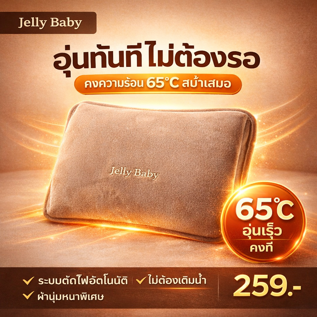 ถุงน้ำร้อนไฟฟ้า 65°C อุ่นเร็ว คงความร้อนสม่ำเสมอ ระบบตัดไฟอัตโนมัติ ผ้านุ่มพิเศษ