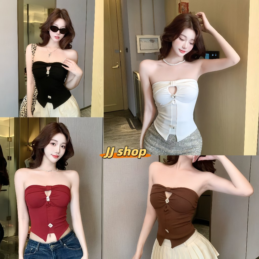 JJ Shop​💜พร้อมส่ง เสื้อครอปแขนกุดเปิดไหล่ผู้หญิง สีพื้นแฟชั่นเซ็กซี่ ใส่สบาย ผ้า สไตล์เกาหลี-FY5609