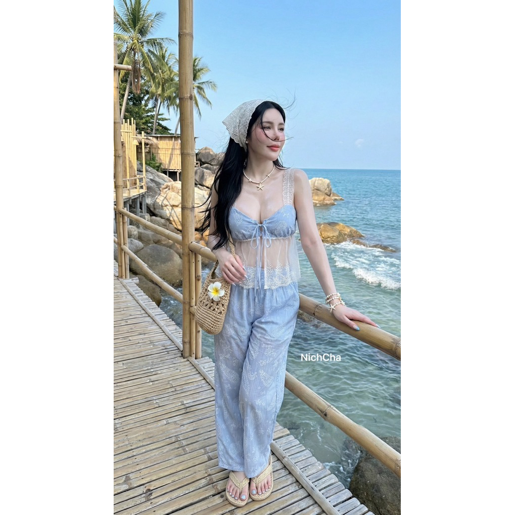 Set2ชิ้น  – เสื้อสายเดี่ยวลูกไม้หน้าอกผูกโบว์แต่งชายลูกไม้ – กางเกงขายาวมีกระเป๋า2ข้าง มีซับกางเกง ราคา ถูกที่สุด ดีลบีเคเค แกลเลอรีภาพที่ 7