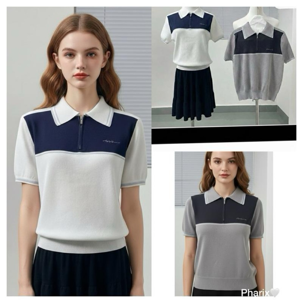 เสื้อไหมพรมคอปกซิปหน้า แขนสั้น ทูโทน สไตล์เกาหลี ใส่แล้วดูสุภาพแพงN3