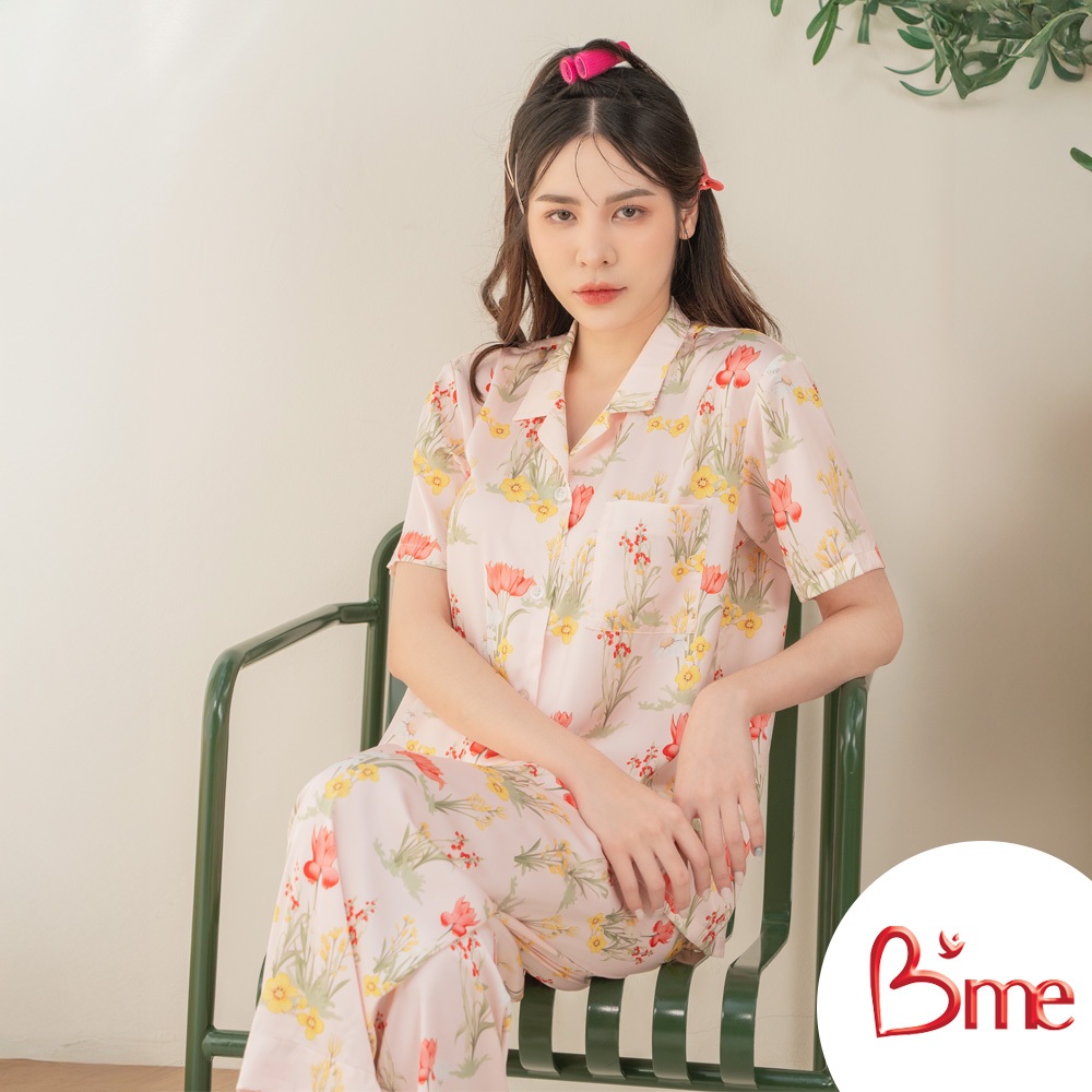B'me ชุดนอนเสื้อแขนสั้นพร้อมกางเกงขายาว คอฮาวาย รุ่น ME8805 (New M.2) มี 4  สีโอลด์โรส สีเหลืองอ่อน สีฟ้า สีม่วงอ่อน