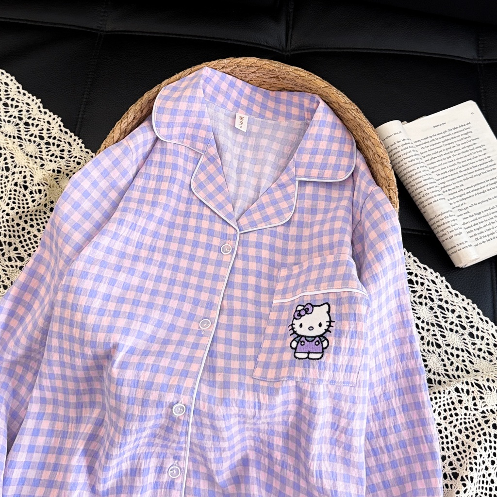 HelloKitty สีม่วงเหมือนเผือก ลายสก๊อต ชุดนอน Two-Piece มีกางเกงขายาวและแขนยาว ผ้า Cloud Sense สวมใส่สบาย M-2XL