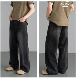 SHEESH-กางเกงยีนส์ผู้ชายขากว้าง สีน้ำเงินเข้ม baggy jeans ขากระบอก ย้อนยุค สไตล์อเมริกัน