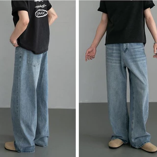 SHEESH-กางเกงยีนส์ผู้ชายขากว้าง สีน้ำเงินเข้ม baggy jeans ขากระบอก ย้อนยุค สไตล์อเมริกัน