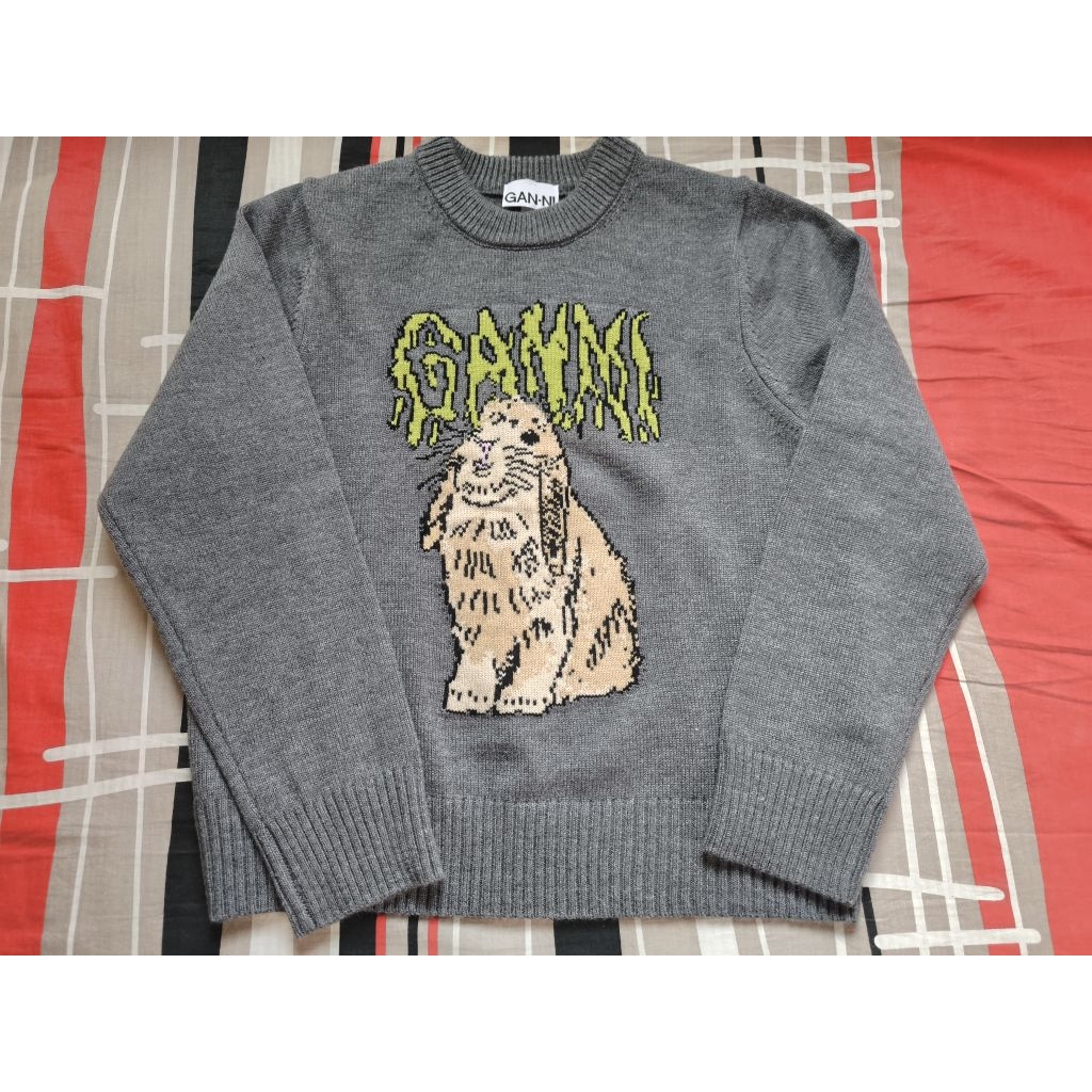 Ganni ใหม่ เสื้อสเวตเตอร์สีเทา ลายกระต่าย ผ้านุ่ม