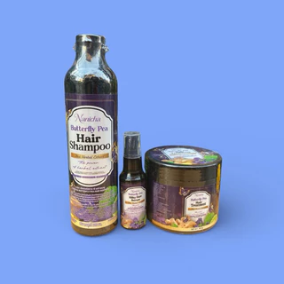 (ณนิชา)แชมพูสมุนไพรดอกอัญชันสูตรพิเศษ1ชุด3ชิ้น(แชมพู300ml+ทรีสเม้น300ml+เซรั่มอัญชัน30ml