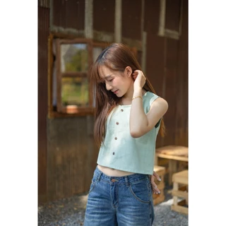 เสื้อครอปแขนกุด กระดุมหน้า ผู้ใหญ่ ไซส์ S - L ด้านหลังเป็นผ้าต่อ (มี 19 สี)