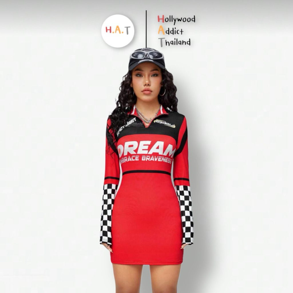 เดรสยาวบอดี้คอนแขนยาว ลายracing สไตล์สาวไบเกอร์ ผ้ายืดโพลีเอสเทอร์ นิ่มใส่สบาย มีไซส์💯