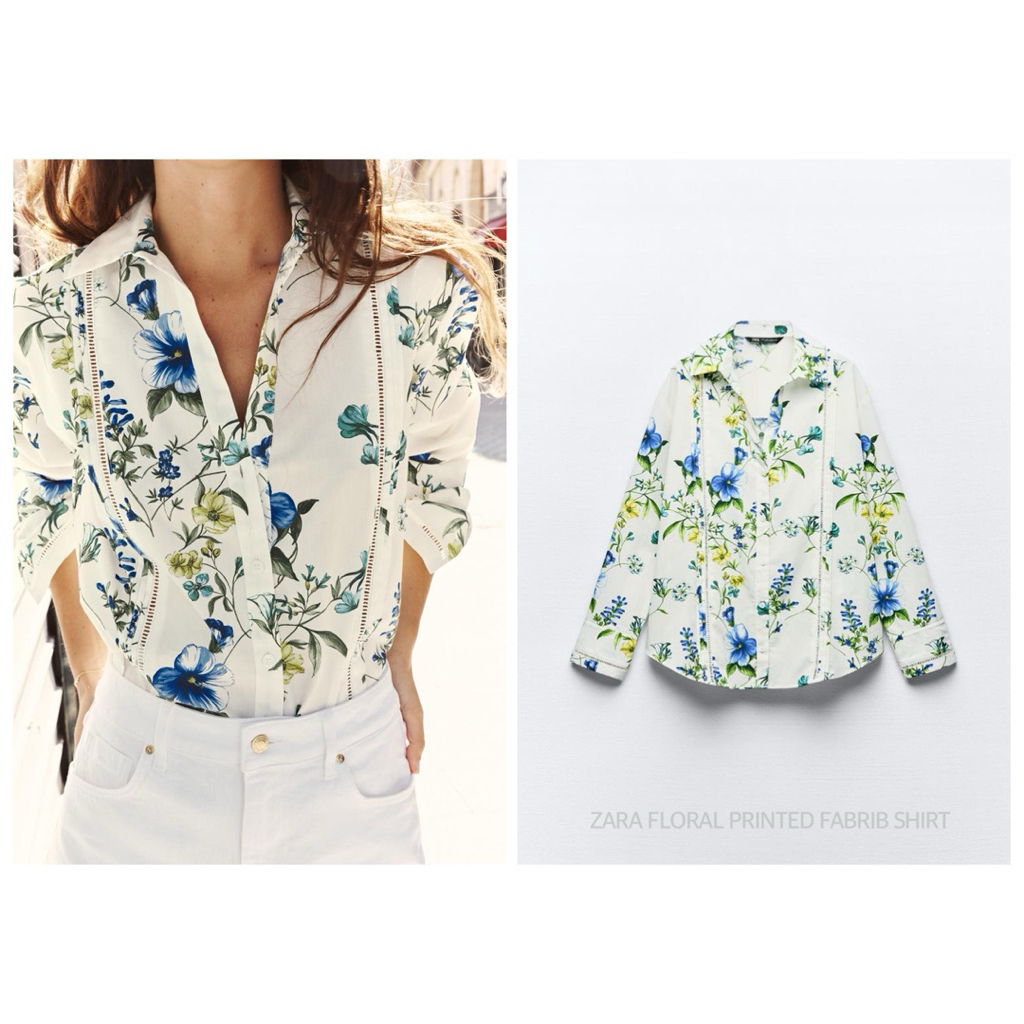 ZARA เสื้อเชิ้ต พิมพ์ลาย คอปกวี แขนยาว FLORAL PRINTED FABRIB SHIRT (A1204)
