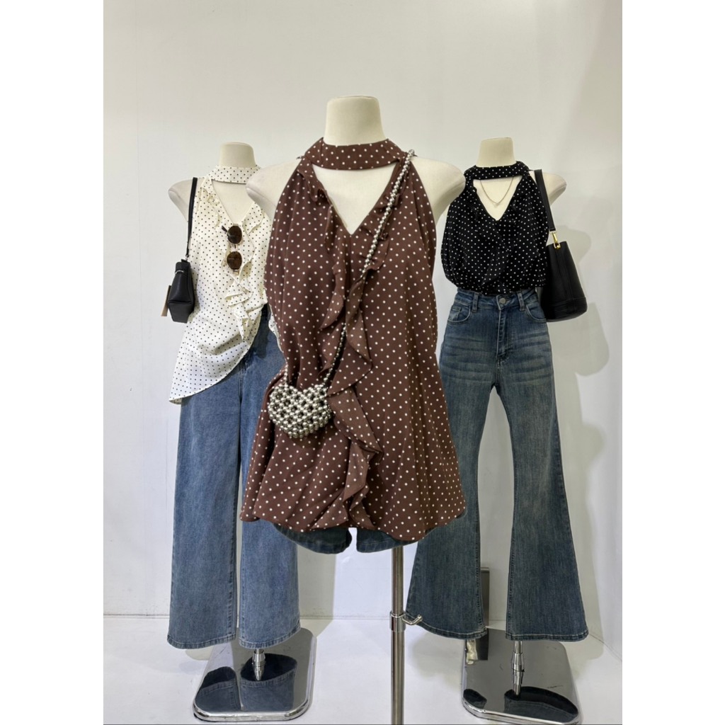 M2074: Tiless Polka Dot Elegance เสื้อเบลาส์คอระบายดีไซน์ Choker
