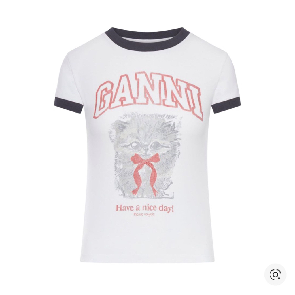 (W) Ganni Logo Print Cotton T-Shirt Bright White