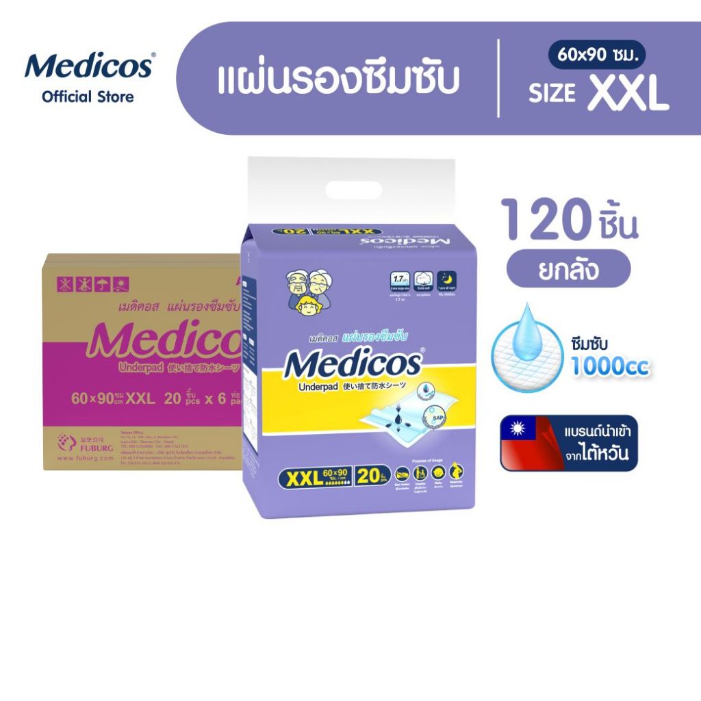 [ขายยกลัง] Medicos แผ่นรองซึมซับเมดิคอส ไซส์ XXL 20ชิ้น*6แพ็ค (120 ชิ้น) #A913022