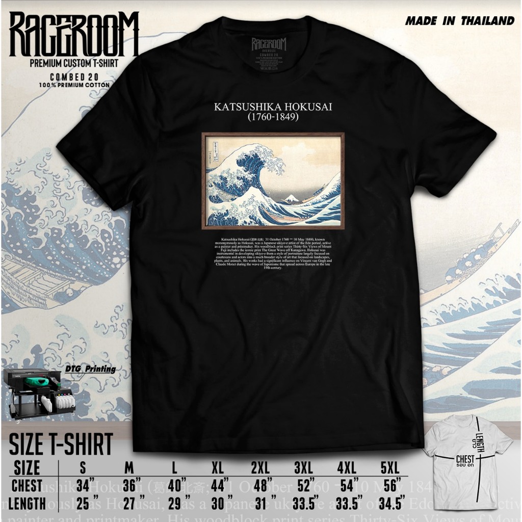 RACEROOM-DTG เสื้อยืดคอกลม แนวสตรีท สีดำ สีขาว ไม่ย้วย Cotton100 KATSUSHIKA HOKUSAI A21/A22