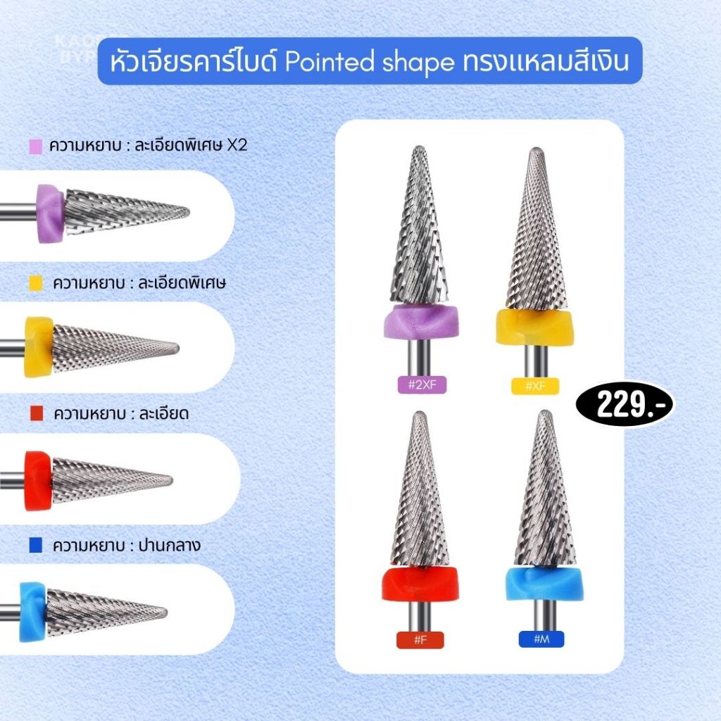 หัวเจียรคาร์ไบด์ ทรงแหลม (Pointed Shape) สีเงิน เกรดพรีเมียม สำหรับเจียรโคนเล็บ ถอดเล็บต่อ เจียรใต้เล็บ