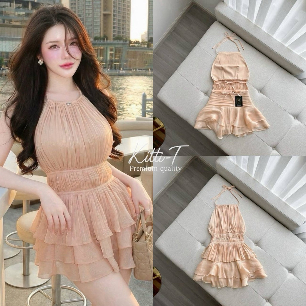 S M มือ1 KITTI T ชุดเซ็ตเสื้อสายผูกคล้องคอ และผูกหลังสีครีมทอง มาพร้อมกระโปรงชั้นๆ ใส่สวยสุดๆ ป้าย KITTI T