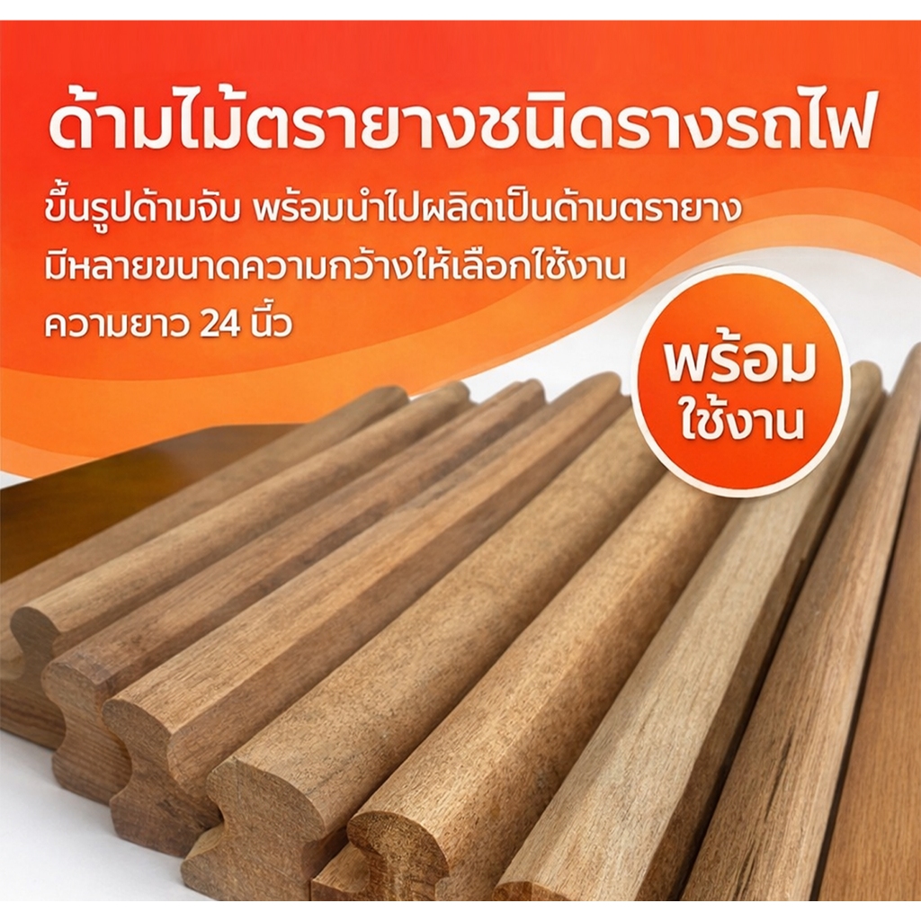 ด้ามไม้ตรายาง ชนิดรางรถไฟ | ยาว 24 นิ้ว ขึ้นรูปด้ามจับเรียบร้อย งานไม้เนื้อแน่น แข็งแรงจับถนัดมือพร้อมนำไปใช้งานได้ทันที