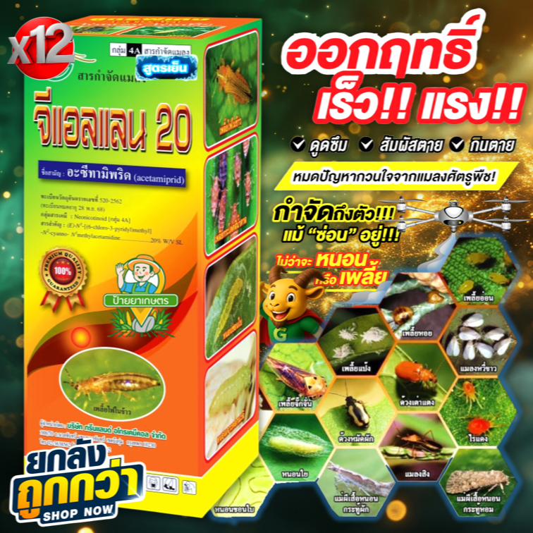 จีแอลแลน 20 ขนาด 500 ซีซี‼️12 ขวด‼️อะซีทามิพริด 20% SL  กำจัด หนอน เพลี้ย ไร แมลงหวี่ขาว ด้วงมัดผัก