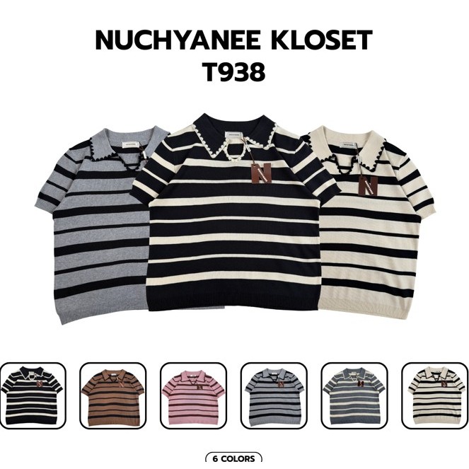 (T938)งานเสื้อไหมพรมคอปกรายริ้วผ้านิ่มมาก