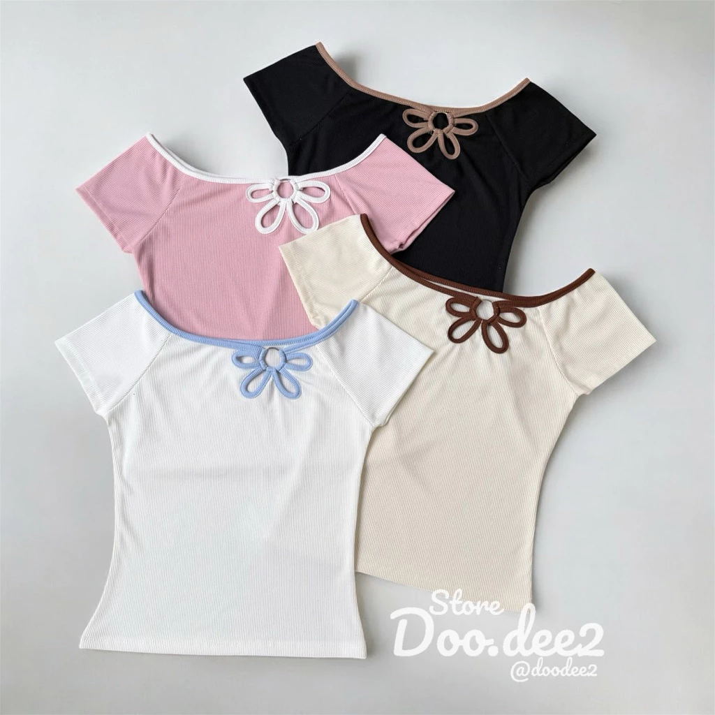 ♦️DOODEE2♦️เสื้อปาดไหล่ทูโทนแต่งเย็บดอกไม้ ใส่ได้หลายแบบ