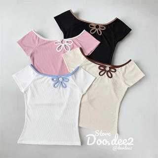 ♦️DOODEE2♦️เสื้อปาดไหล่ทูโทนแต่งเย็บดอกไม้ ใส่ได้หลายแบบ