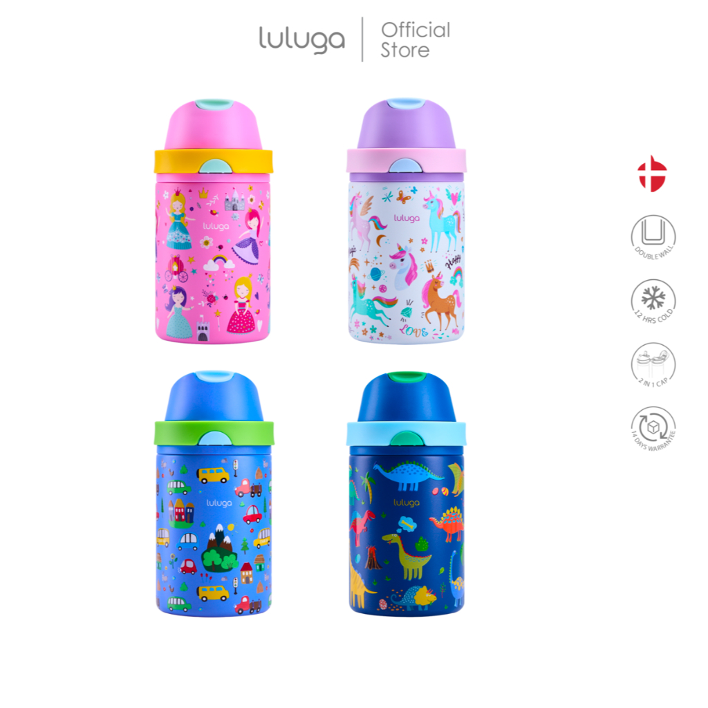 กระติกน้ำเด็ก LULUGA กระติกน้ำเก็บอุณหภูมิ ระบบสูญญากาศ 18/8 stainless steel ขนาด 360 ml ดีไซน์ 2in1 หลอดดูดและยกดื่ม