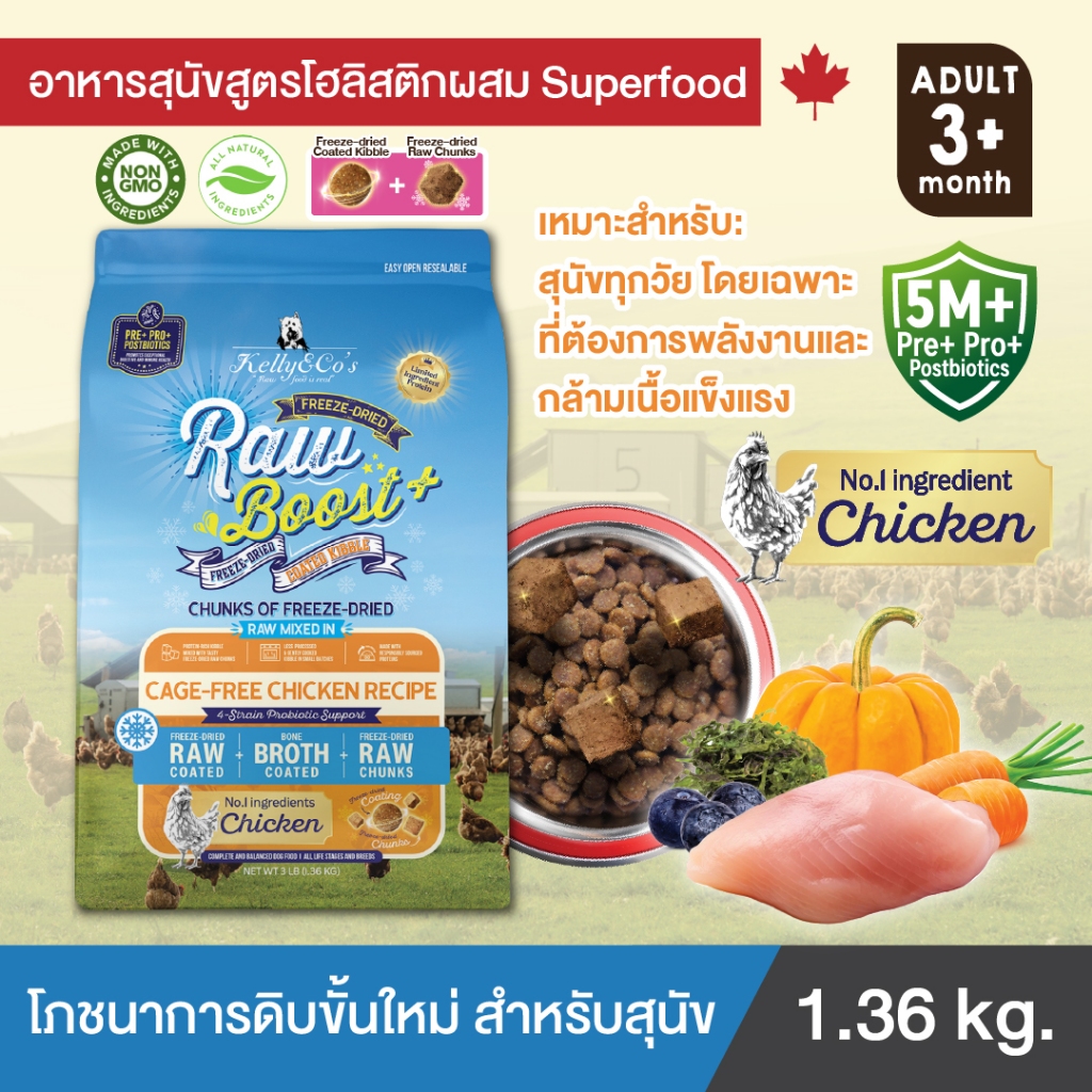 เคลลี่แอนด์โค รอว์บูสพลัส สูตรไก่เลี้ยงแบบไม่ขังกรง (Cage-Free Chicken) อาหารสุนัขเม็ดเคลือบฟรีซดรายผสมฟรีซดรายชิ้นโต