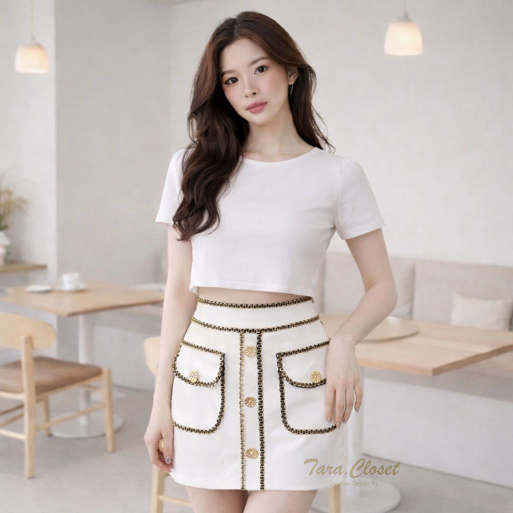 N002 TARA Skirt กระโปรง แต่งขลิบทอง มีกระเป๋า 2 ข้าง สม็อกหลัง เนื้อผ้าวูลเวฟ - รูปที่ 3