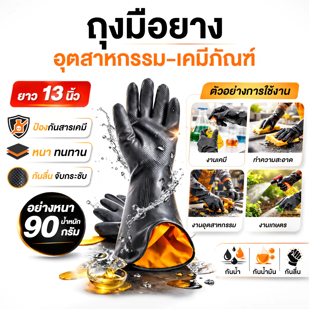 [1 คู่ส้ม-ดำ] ถุงมือยาง ถุงมืออุตสาหกรรม ใช้ผสมสารเคมีทางการเกษตร กรดด่าง กันลื่น หนา น้ำหนัก90g ยาว12นิ้ว