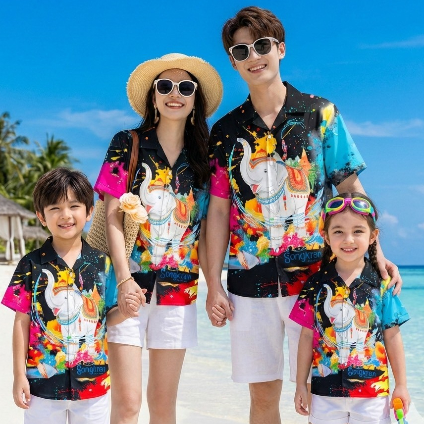 3137เสื้อฮาวายลายช้างSongkran ไซส์เด็ก-ผู้ใหญ่8XL ครบทีม ผ้าโพลีพลีเมี่ยม ทรงวัยรุ่น หญิงชายใส่ได้ ลายคมชัด **1ตัว**