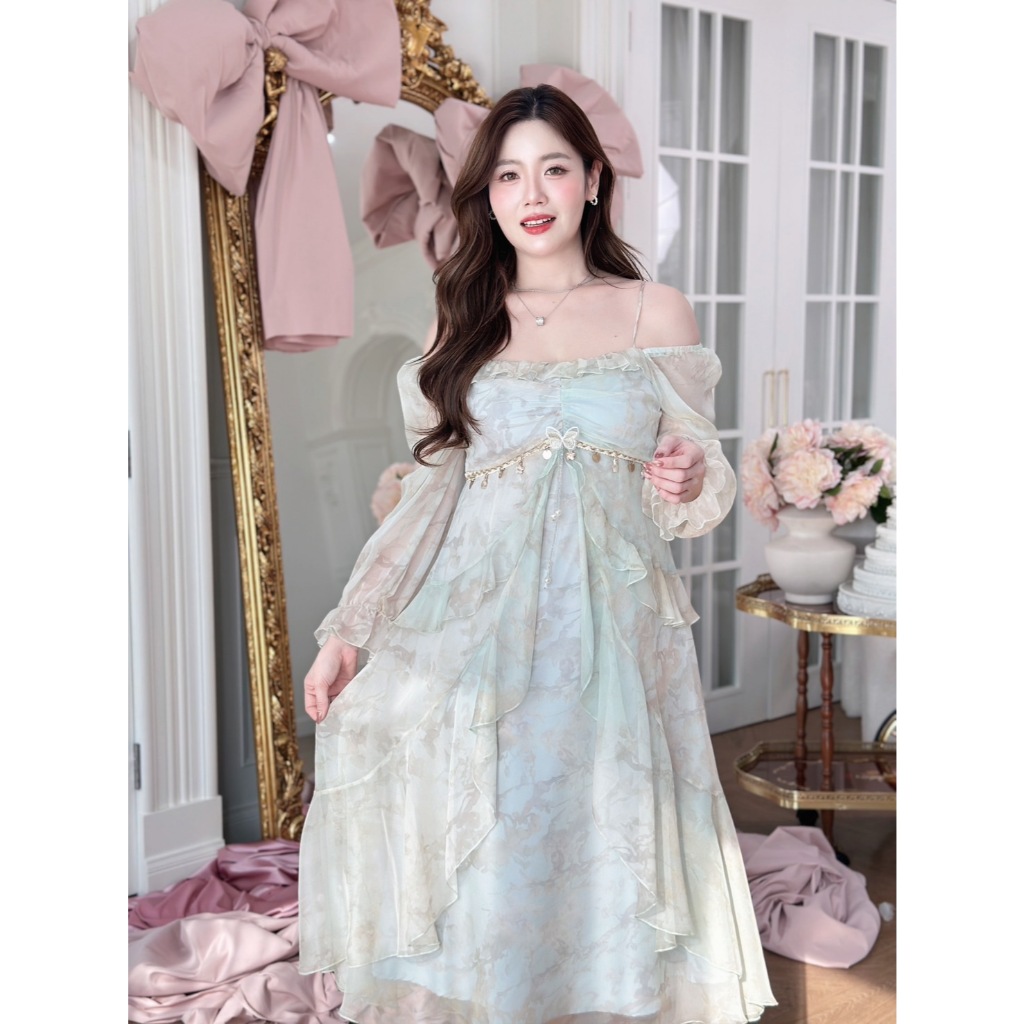 CA412 : Calorie Fashion (พร้อมส่งไซส์ XL-6XL) เดรสออกงาน โทนสีเขียวอมฟ้าละมุน ดีเทลน่ารักมากลุคเจ้าหญิงสุดๆ