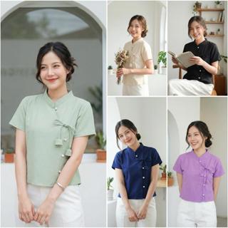 เสื้อพื้นเมืองผู้หญิง ผูกโบว์ดอกทิวลิป แต่งกระดุมมุก เสื้อผ้…
