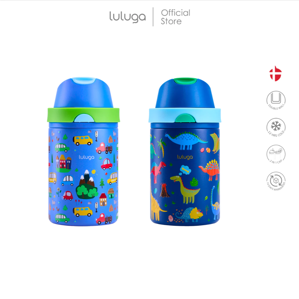 ขวดน้ำเด็ก LULUGA ผู้ชาย กระติกน้ำเด็กเก็บอุณหภูมิระบบสุญญากาศ 18/8 stainless ขนาด 360 ml ดีไซน์ 2in1 หลอดดูดและยกดื่ม