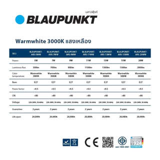 🇹🇭ส่งทันที BLAUPUNKT หลอดไฟมาตรฐานเยอรมัน รับประกัน 2 ปี 5W 7W 9W 11W 13W 15W 20W แสงขาว แสงวอร์ม LED BULB