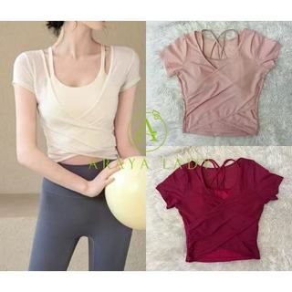 ใหม่ล่าสุด ArayaLady เสื้อโยคะ 2 in 1 เสื้อสปอร์ตบราแต่งคลุมแขนสั้นผ้าซีทรู AT-DZJD004