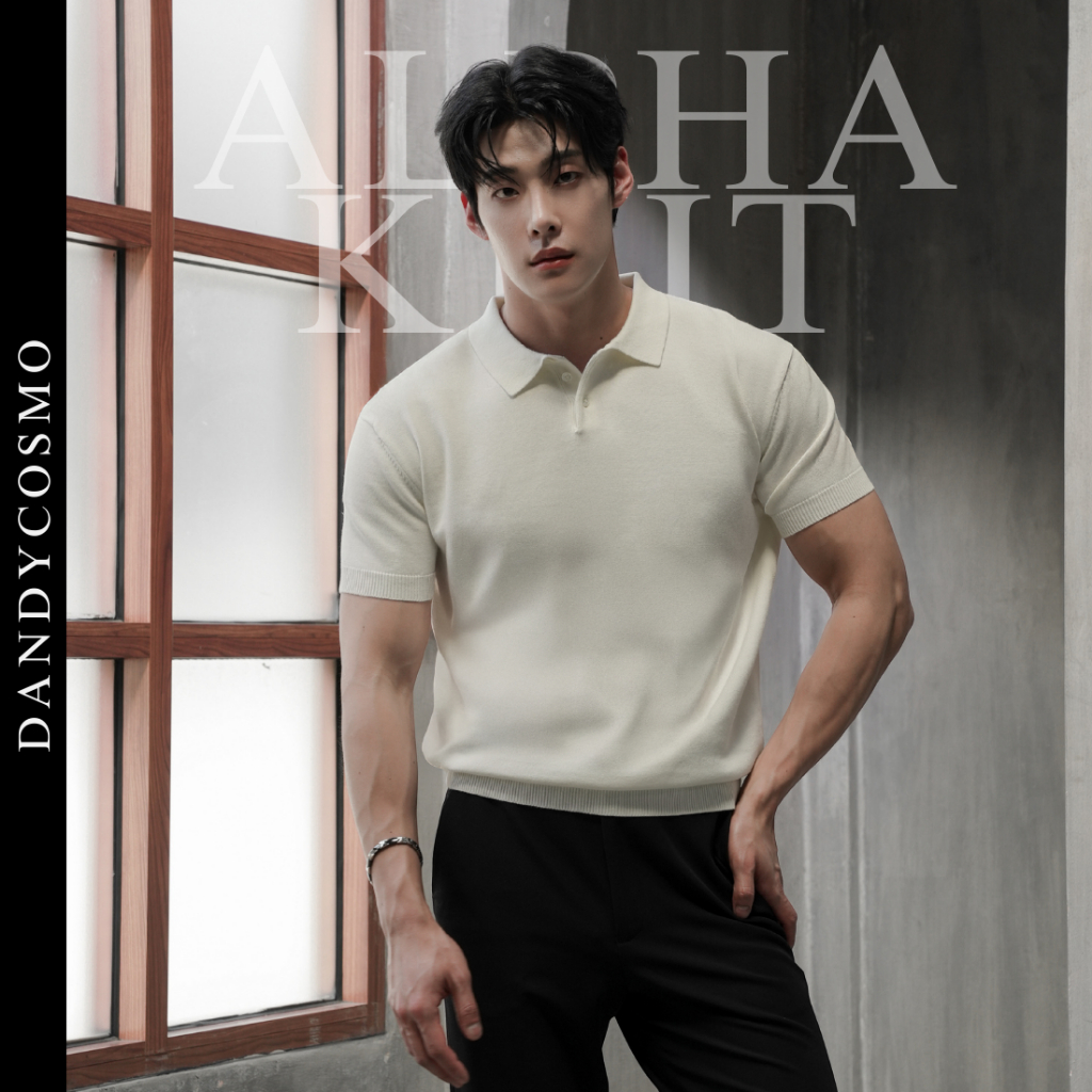DANDY COSMO | [2 สี] Muscle Fit Alpha Knit Polo เสื้อไหมพรม คอปก ทรงหุ่นล่ำ ทรงเอวSemi V-Shape ใส่แล้วหุ่นดีแบบสุดๆ