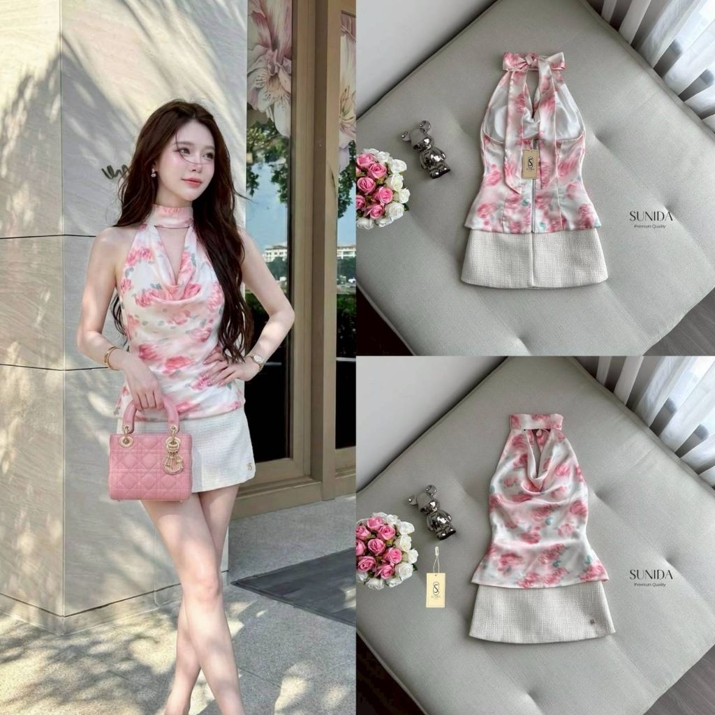 Sunida ชุดเซต2ชิ้น เสื้อผูกคอผ้าซาตินลายกุหลาบพาสเทล+ กระโปรงผ้าทวีตซับในกางเกง