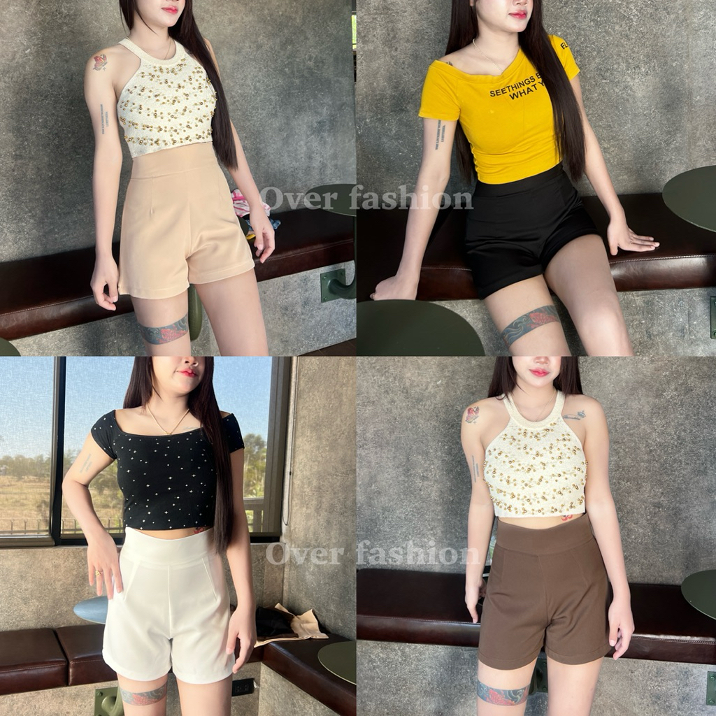 กางเกงขาสั้นเอวสูงซิปหลัง(ผ้าBarbie)รุ่นมีกระเป๋า2ข้าง