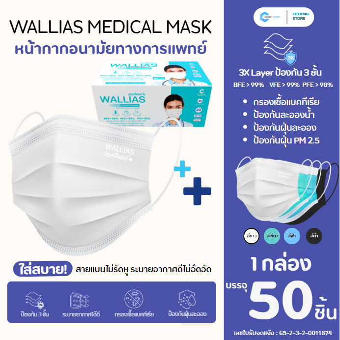 หน้ากากอนามัยทางการแพทย์ ยี่ห้อ วอลลิแอส Walliasหนา 3 ชั้น กรองฝุ่น PM2.5  ได้รับมาตรฐาน BFE  ป้องกันอย่างดี คุณภาพสูง