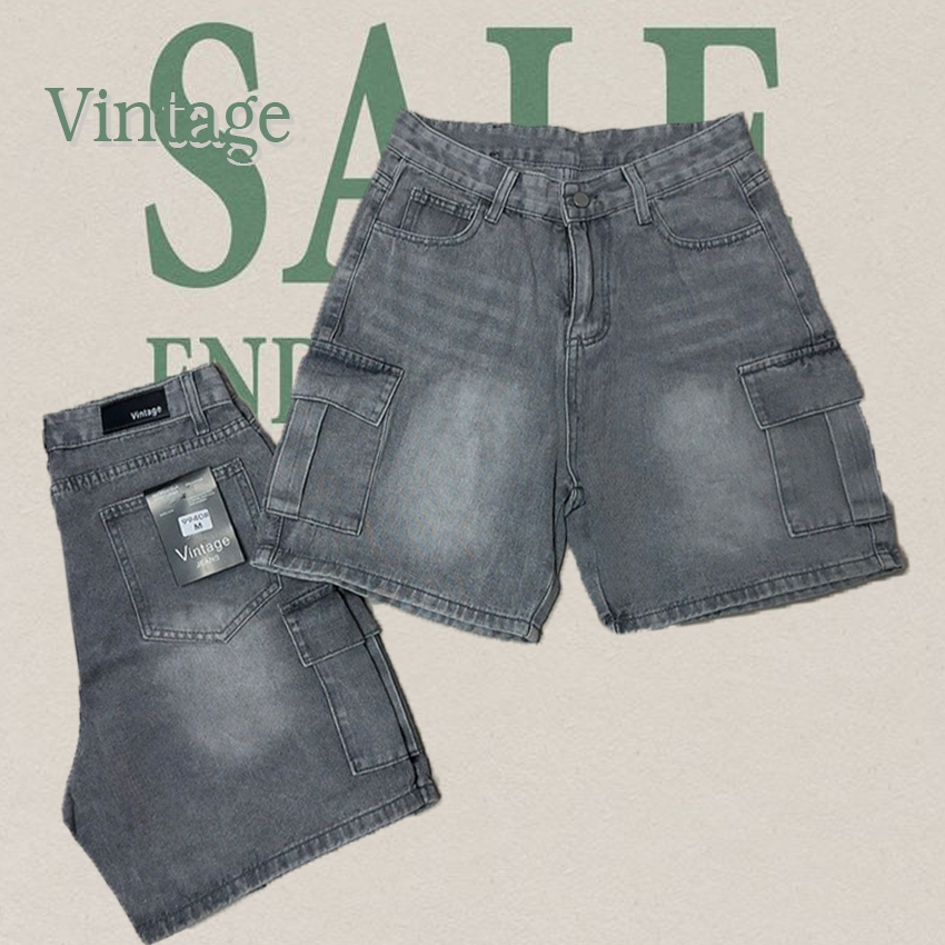 Vintage รุ่น 8241 กางเกงยีนส์ ขาสั้น คาร์โก้ สีเทาดำ แต่งเฟดขา ทรงสวย ผ้าไม่ยืด กระเป๋าตรง 2 ใบ