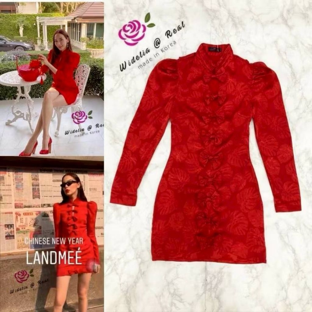 New 💋 Wideria@real 💋 กี่เพ้าคุณอั้ม แต่งโบว์หน้า เนื้อผ้าลายใบไม้ บ่ายก ผ้าลื่น Size M  สวยจึ้งมากค่