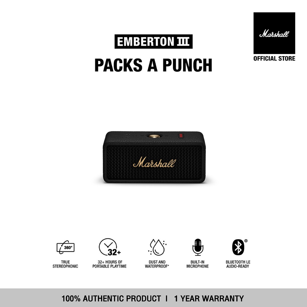 MARSHALL Emberton III Black and Brass - รับประกัน1ปี +ส่งฟรี - ลำโพงพกพา ลำโพง Bluetooth