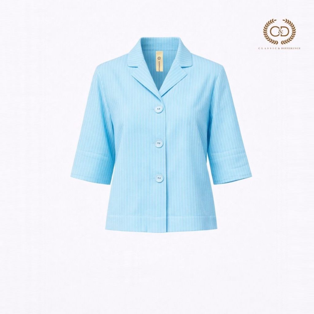 C&D woman's blouse Minimal blue เสื้อผู้หญิง ปกฮาวาย แขนสามส่วน สีฟ้า CZ1ZSB